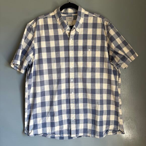 Vintage L.L.Bean Men's XLT White Blue Checks Cotton Short Sleeve Button Up Cute - Picture 1 of 10